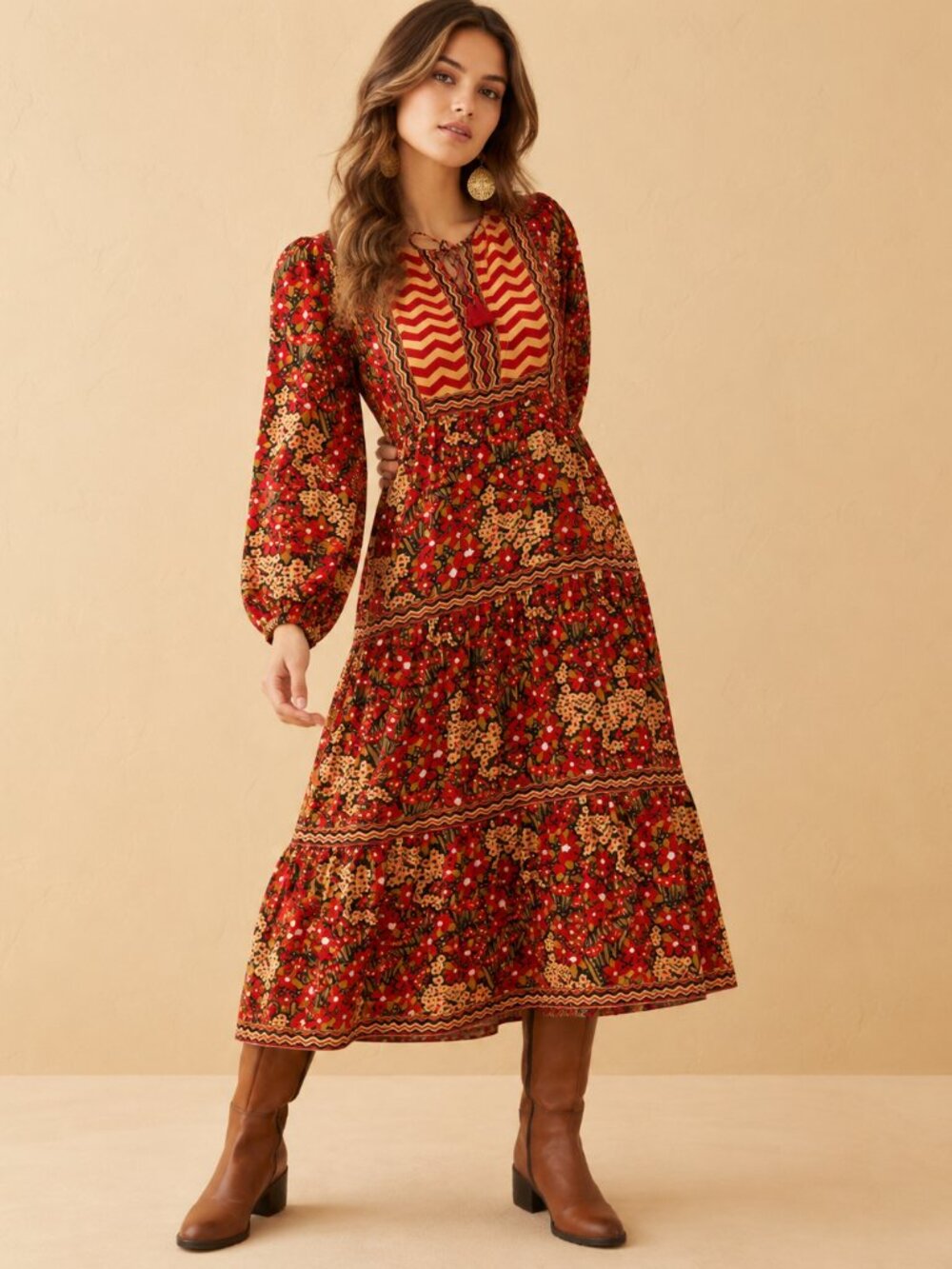 Boho Red Floral Tiered Long Sleeve Midi Dress